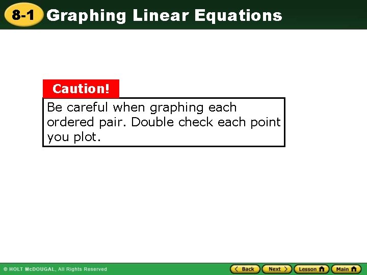 8 -1 Graphing Linear Equations Caution! Be careful when graphing each ordered pair. Double
