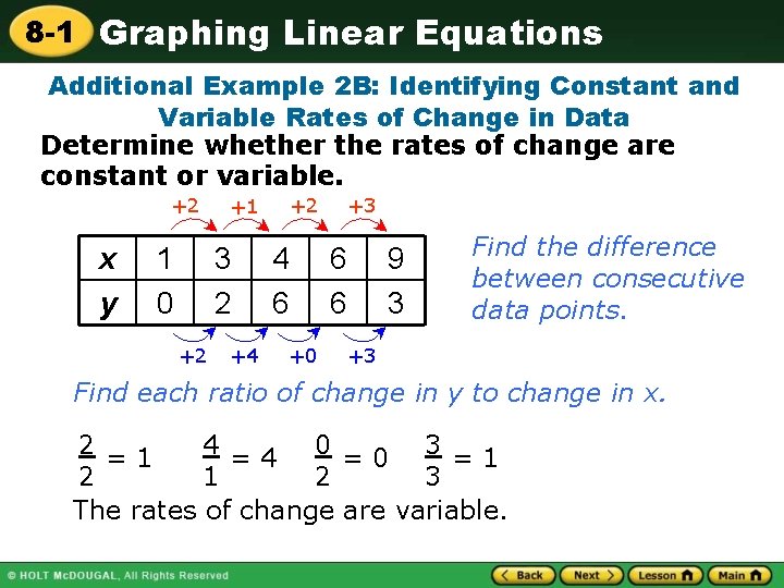 8 -1 Graphing Linear Equations Additional Example 2 B: Identifying Constant and Variable Rates