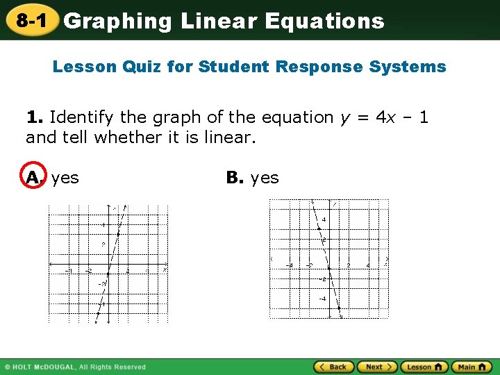 8 -1 Graphing Linear Equations Lesson Quiz for Student Response Systems 1. Identify the