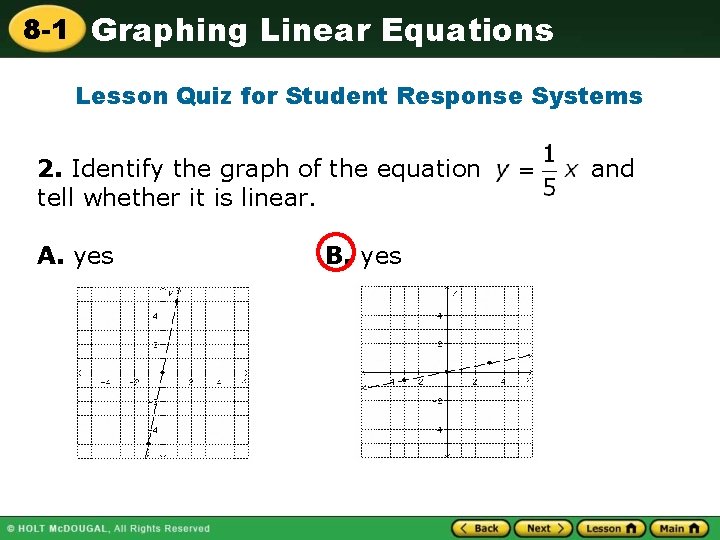 8 -1 Graphing Linear Equations Lesson Quiz for Student Response Systems 2. Identify the