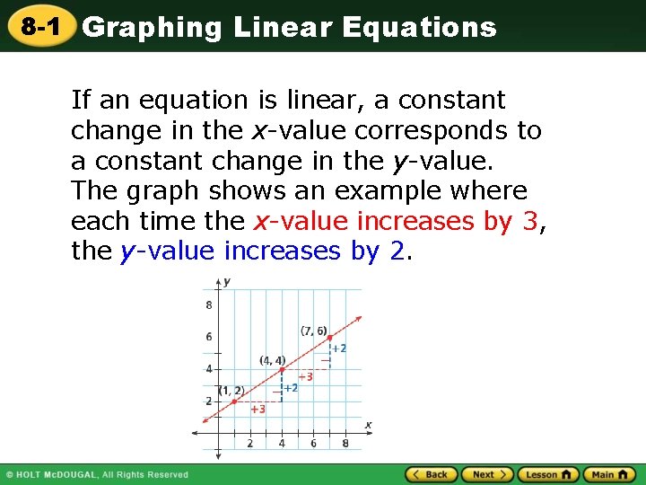 8 -1 Graphing Linear Equations If an equation is linear, a constant change in