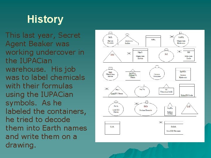 History This last year, Secret Agent Beaker was working undercover in the IUPACian warehouse.