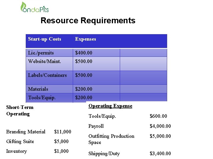 Resource Requirements Start-up Costs Expenses Lic. /permits $400. 00 Website/Maint. $500. 00 Labels/Containers $500.