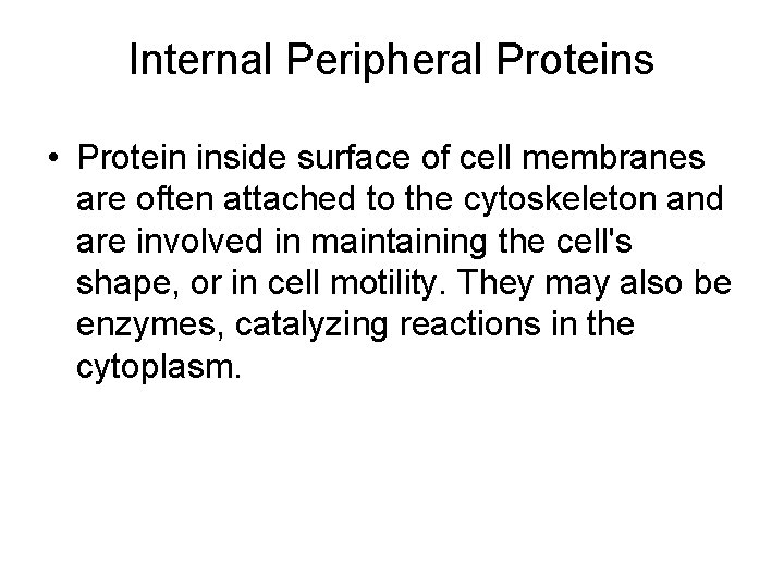 Internal Peripheral Proteins • Protein inside surface of cell membranes are often attached to