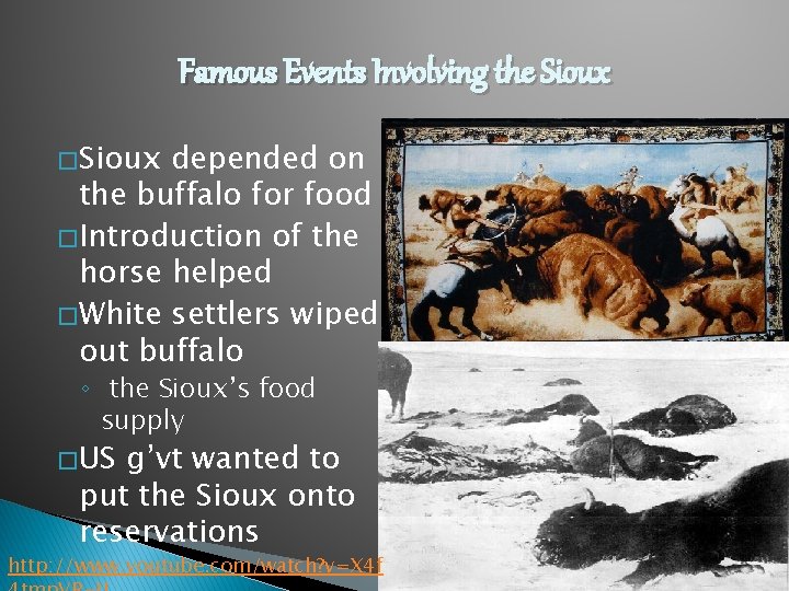 Famous Events Involving the Sioux � Sioux depended on the buffalo for food �
