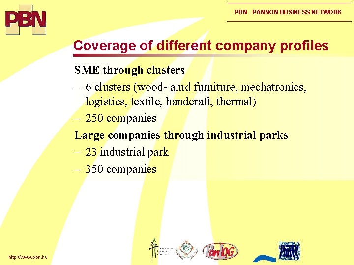 PBN - PANNON BUSINESS NETWORK Coverage of different company profiles SME through clusters –