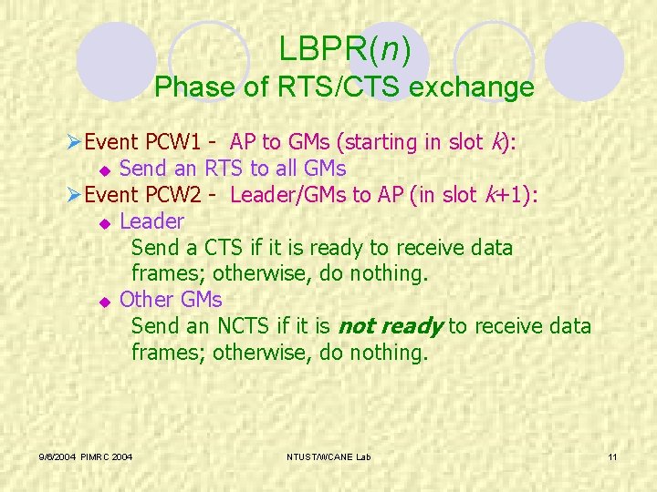 LBPR(n) Phase of RTS/CTS exchange ØEvent PCW 1 - AP to GMs (starting in