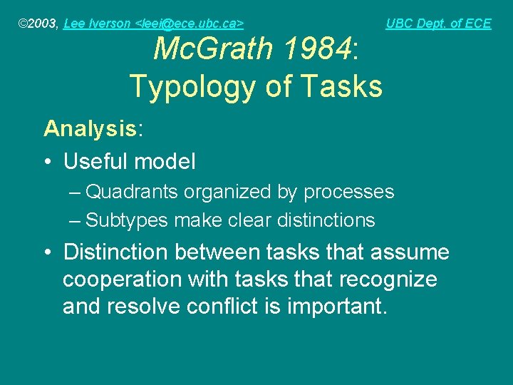 © 2003, Lee Iverson <leei@ece. ubc. ca> UBC Dept. of ECE Mc. Grath 1984: