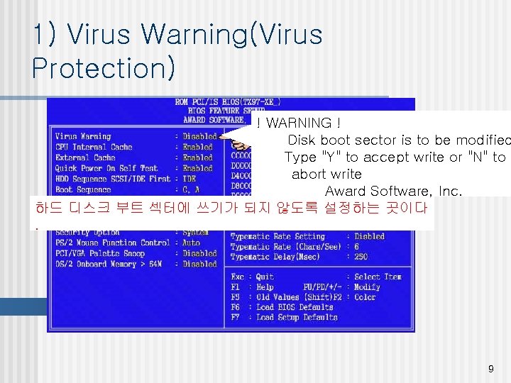 1) Virus Warning(Virus Protection) ! WARNING ! Disk boot sector is to be modified