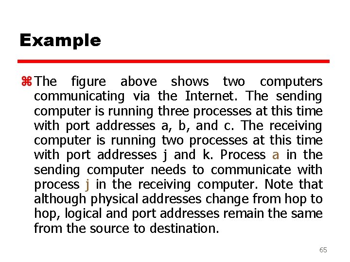 Example z The figure above shows two computers communicating via the Internet. The sending
