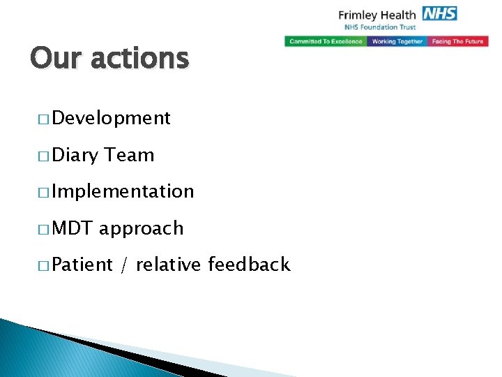 Our actions � Development � Diary Team � Implementation � MDT approach � Patient