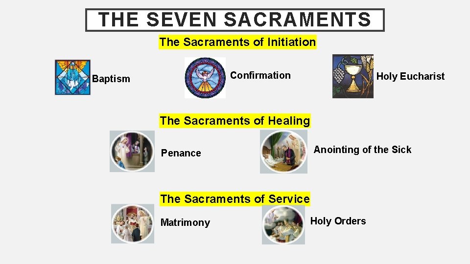 THE SEVEN SACRAMENTS The Sacraments of Initiation Confirmation Baptism Holy Eucharist The Sacraments of THE SEVEN SACRAMENTS The Sacraments of Initiation Confirmation Baptism Holy Eucharist The Sacraments of