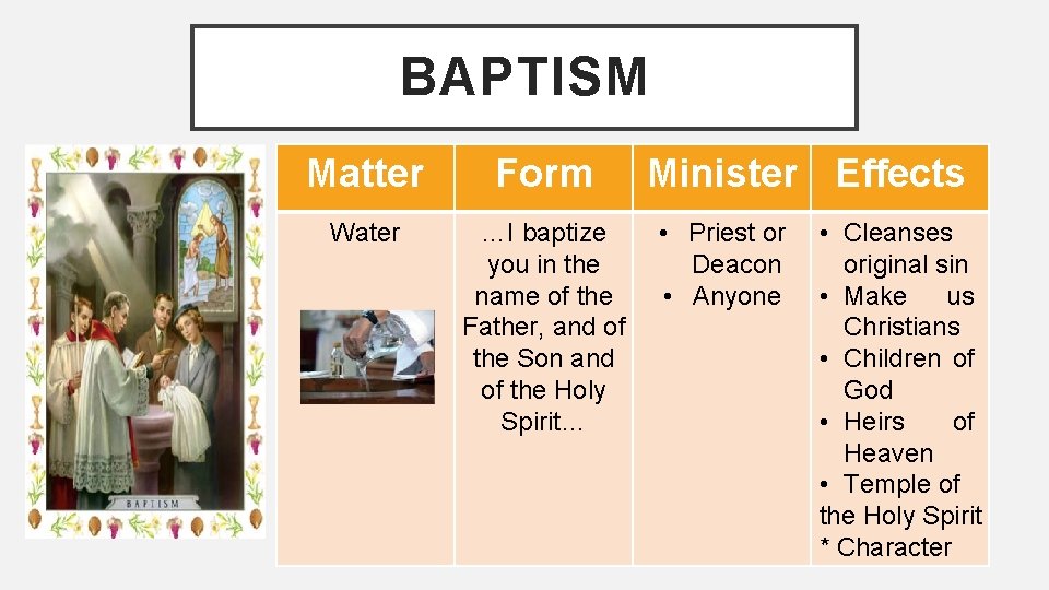 BAPTISM Matter Form Water …I baptize you in the name of the Father, and BAPTISM Matter Form Water …I baptize you in the name of the Father, and