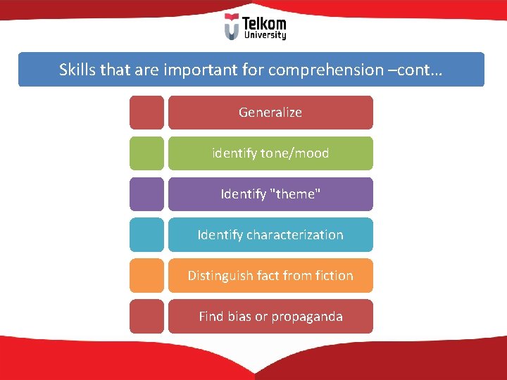 Skills that are important for comprehension –cont… Generalize identify tone/mood Identify "theme" Identify characterization