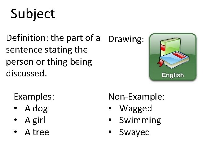 Subject Definition: the part of a Drawing: sentence stating the person or thing being