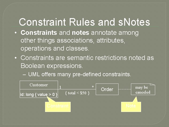 Constraint Rules and s. Notes • Constraints and notes annotate among other things associations,