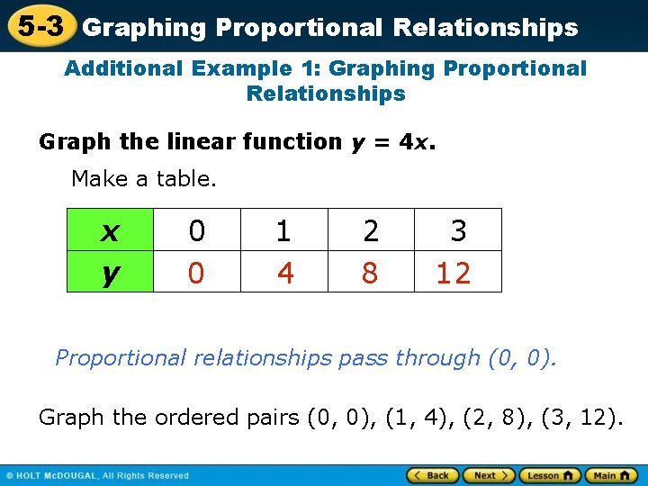 5 -3 Graphing Proportional Relationships Additional Example 1: Graphing Proportional Relationships Graph the linear 5 -3 Graphing Proportional Relationships Additional Example 1: Graphing Proportional Relationships Graph the linear