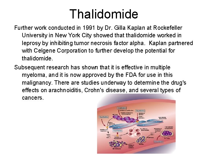 Thalidomide Further work conducted in 1991 by Dr. Gilla Kaplan at Rockefeller University in
