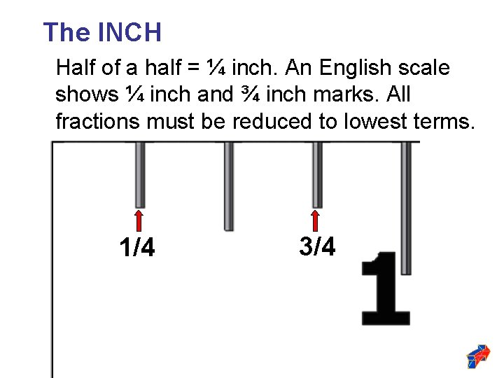 The INCH Half of a half = ¼ inch. An English scale shows ¼