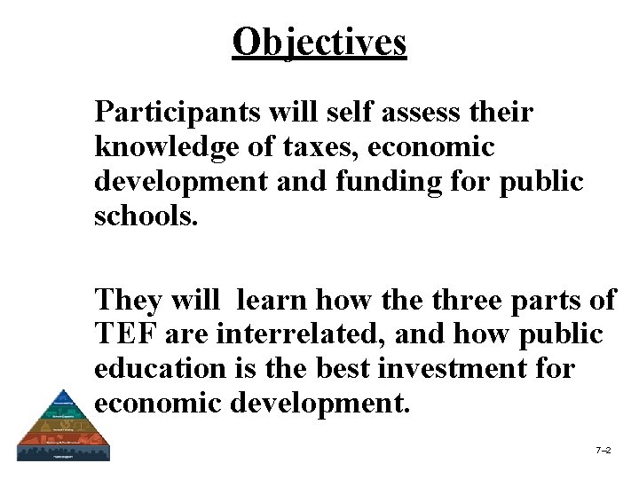 Objectives Participants will self assess their knowledge of taxes, economic development and funding for