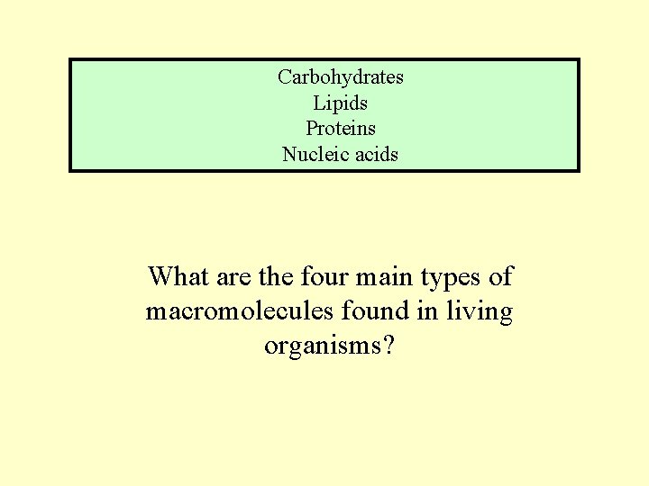 Carbohydrates Lipids Proteins Nucleic acids What are the four main types of macromolecules found