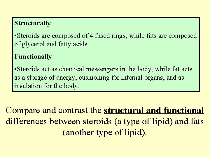 Structurally: • Steroids are composed of 4 fused rings, while fats are composed of