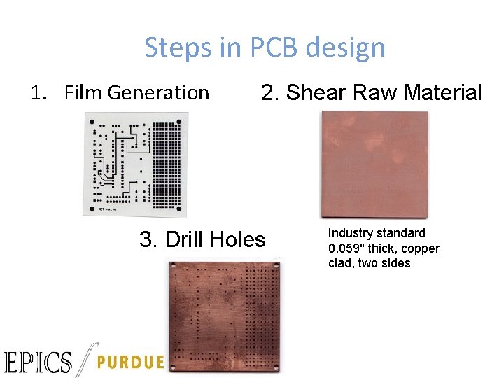 Steps in PCB design 1. Film Generation 2. Shear Raw Material 3. Drill Holes