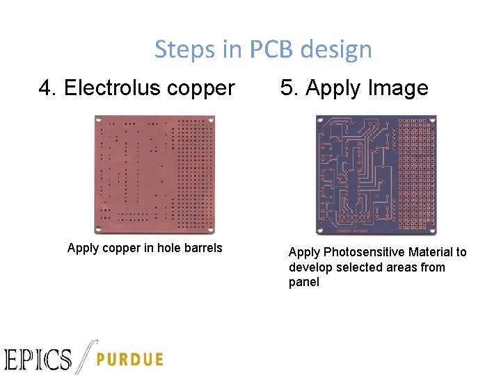 Steps in PCB design 4. Electrolus copper Apply copper in hole barrels 5. Apply