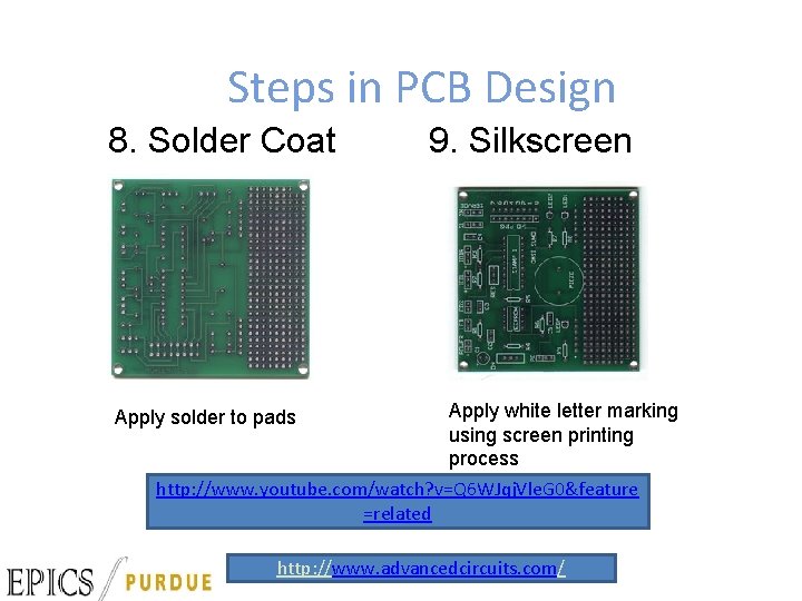 Steps in PCB Design 8. Solder Coat 9. Silkscreen Apply white letter marking using