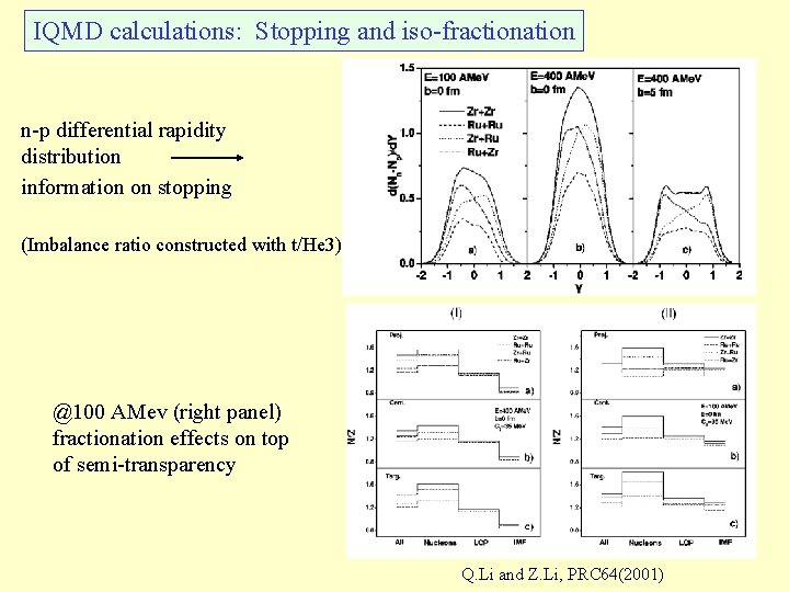 IQMD calculations: Stopping and iso-fractionation n-p differential rapidity distribution information on stopping (Imbalance ratio