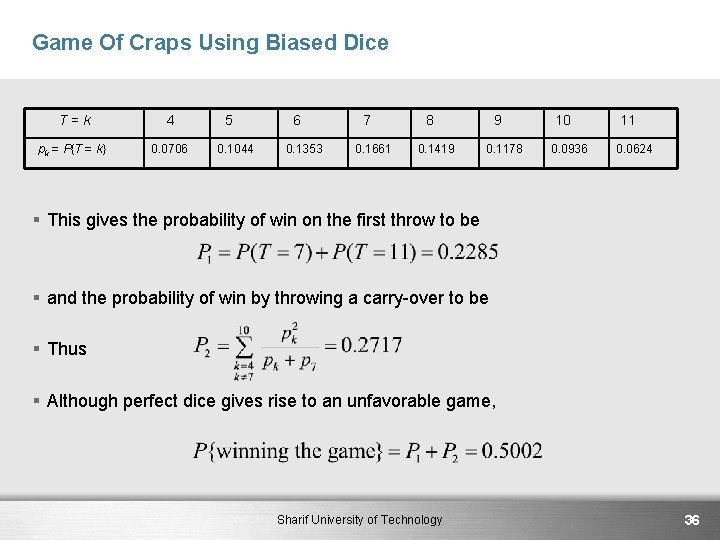 Game Of Craps Using Biased Dice T=k 4 pk = P{T = k} 0.