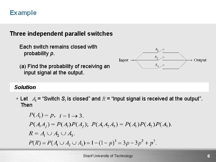 Example Three independent parallel switches Each switch remains closed with probability p. (a) Find