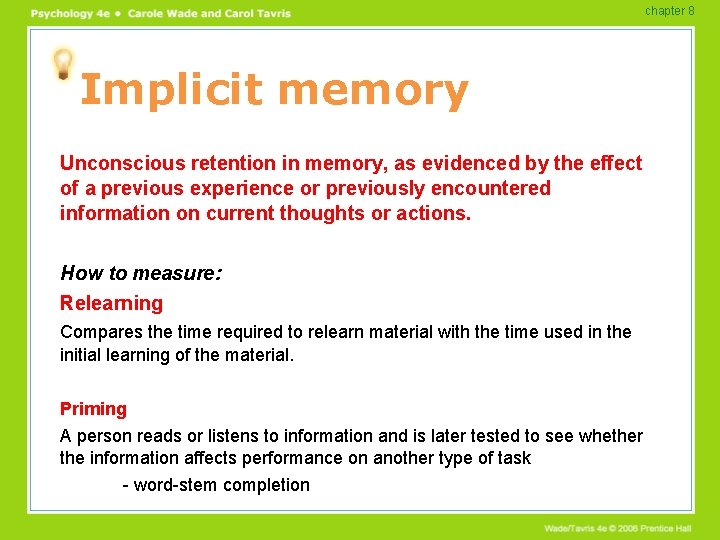 chapter 8 Implicit memory Unconscious retention in memory, as evidenced by the effect of