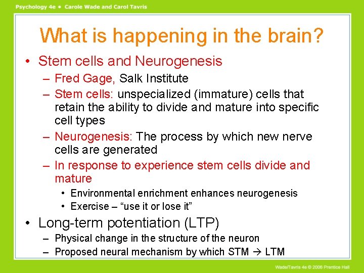 What is happening in the brain? • Stem cells and Neurogenesis – Fred Gage,