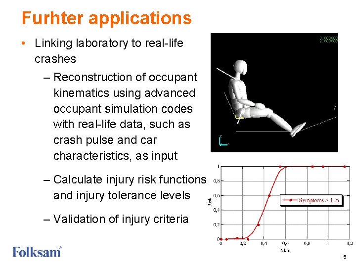 Furhter applications • Linking laboratory to real-life crashes – Reconstruction of occupant kinematics using