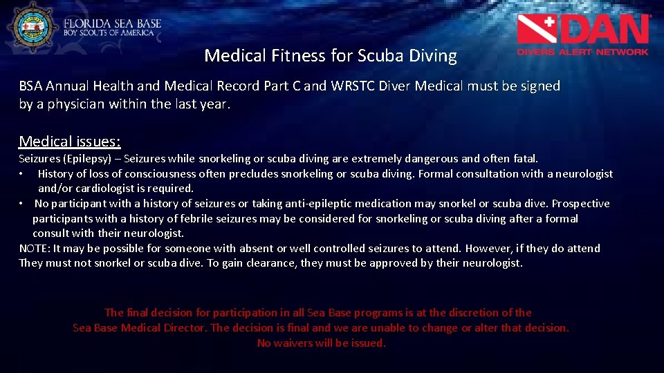 Medical Fitness for Scuba Diving BSA Annual Health and Medical Record Part C and