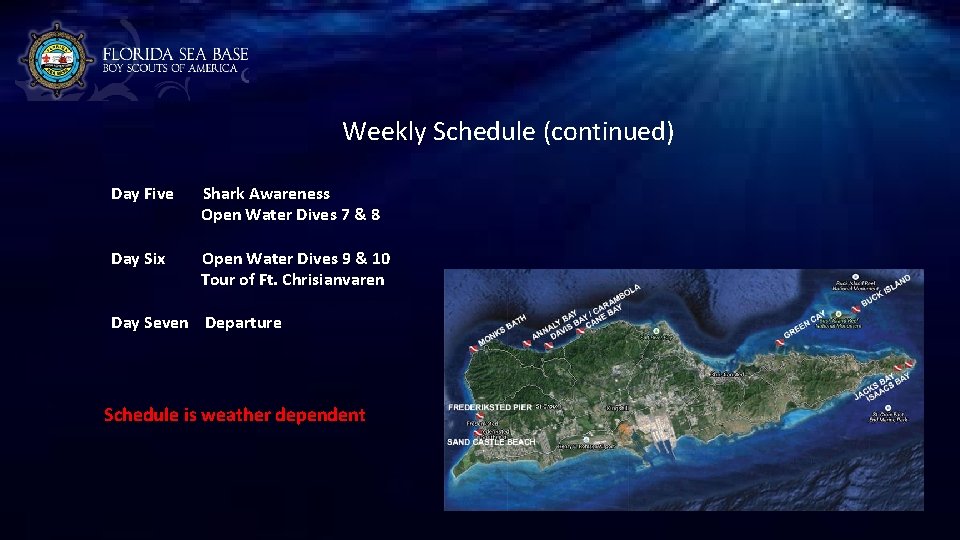 Weekly Schedule (continued) Day Five Shark Awareness Open Water Dives 7 & 8 Day