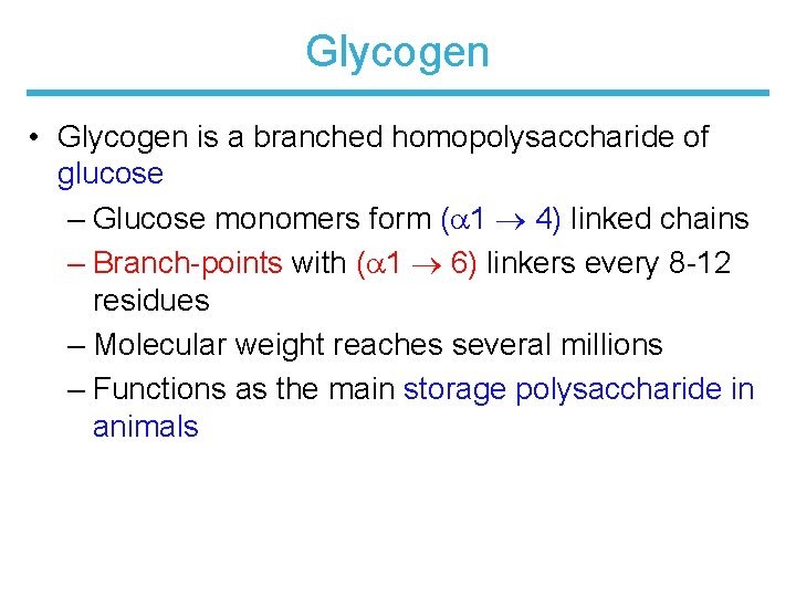 Glycogen • Glycogen is a branched homopolysaccharide of glucose – Glucose monomers form (