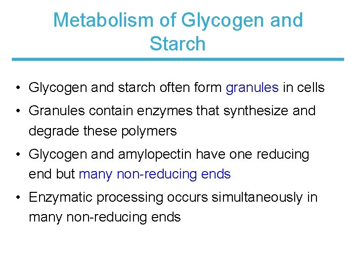 Metabolism of Glycogen and Starch • Glycogen and starch often form granules in cells