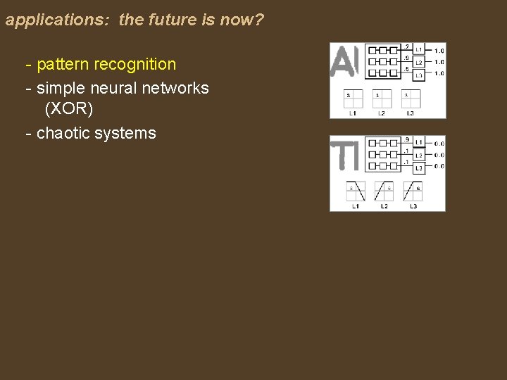applications: the future is now? - pattern recognition - simple neural networks (XOR) -