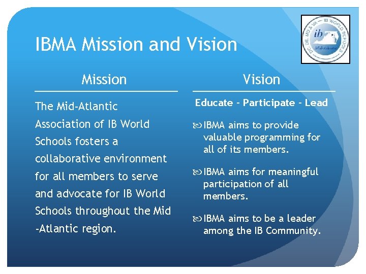 IBMA Mission and Vision Mission The Mid-Atlantic Association of IB World Schools fosters a