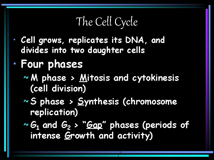 The Cell Cycle • Cell grows, replicates its DNA, and divides into two daughter