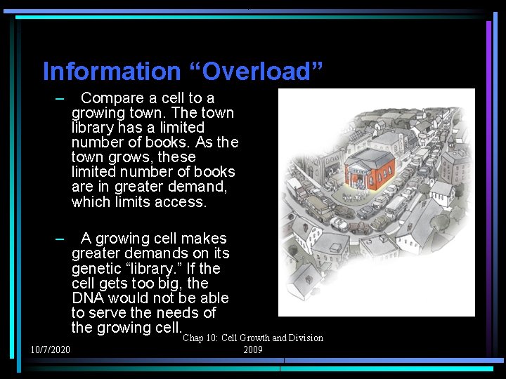 Information “Overload” – Compare a cell to a growing town. The town library has