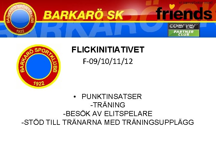 FLICKINITIATIVET F-09/10/11/12 • PUNKTINSATSER -TRÄNING -BESÖK AV ELITSPELARE -STÖD TILL TRÄNARNA MED TRÄNINGSUPPLÄGG 
