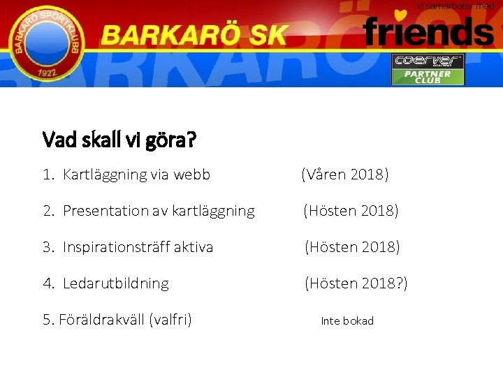 Vad skall vi göra? 1. Kartläggning via webb (Våren 2018) 2. Presentation av kartläggning