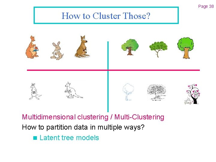 Page 38 How to Cluster Those? Multidimensional clustering / Multi-Clustering How to partition data