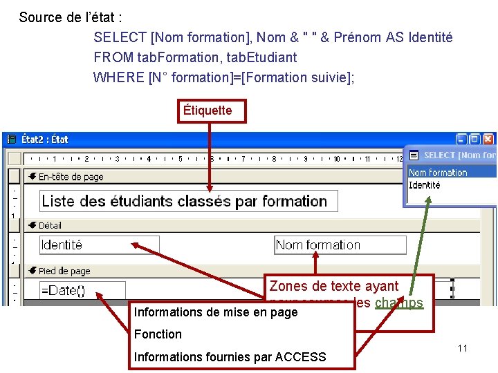 Source de l’état : SELECT [Nom formation], Nom & " " & Prénom AS