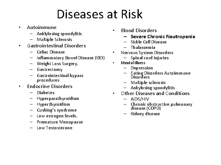 Diseases at Risk • Autoimmune – Anklylosing spondylitis – Multiple Sclerosis • Gastrointestinal Disorders