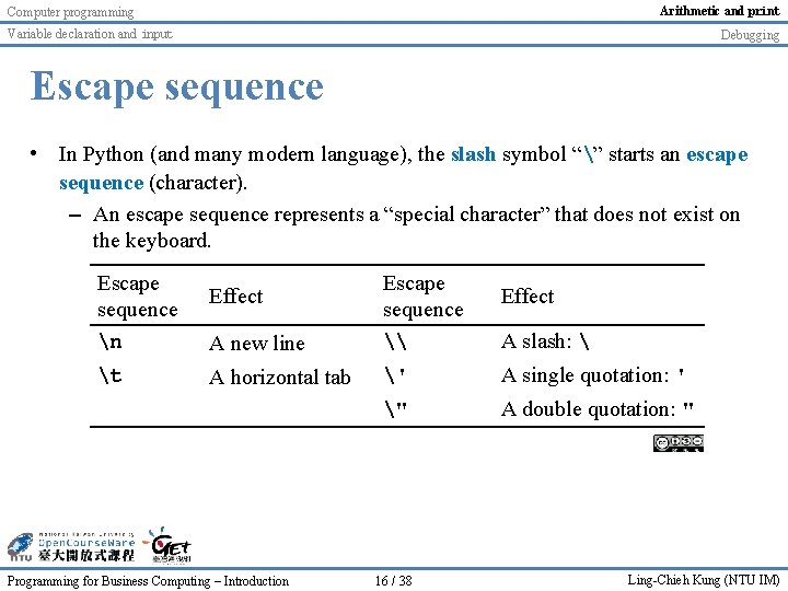 Arithmetic and print Computer programming Variable declaration and input Debugging Escape sequence • In Arithmetic and print Computer programming Variable declaration and input Debugging Escape sequence • In
