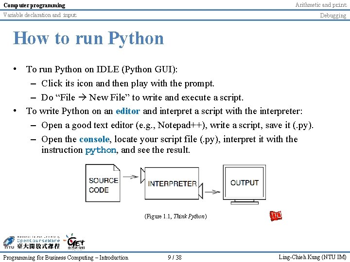 Arithmetic and print Computer programming Variable declaration and input Debugging How to run Python Arithmetic and print Computer programming Variable declaration and input Debugging How to run Python